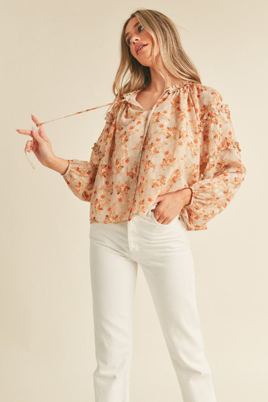 Floral Ruffle Top - Taupe