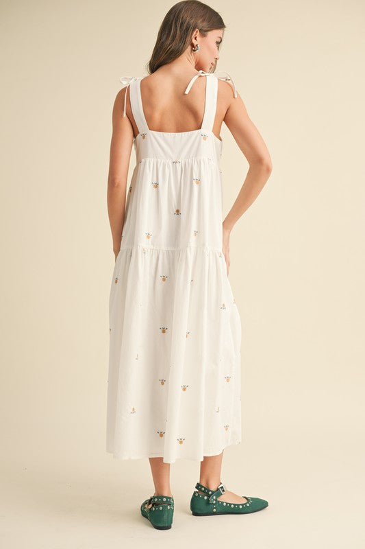 Spring Floral White Midi Dress