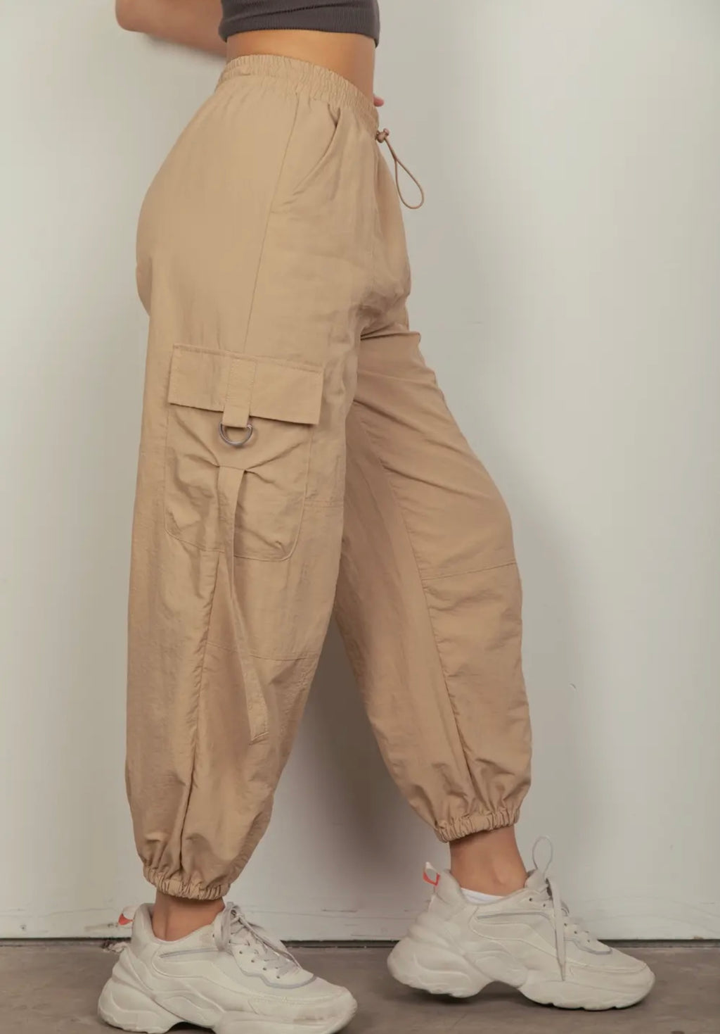 Elastic Waist Cargo Pants - Taupe