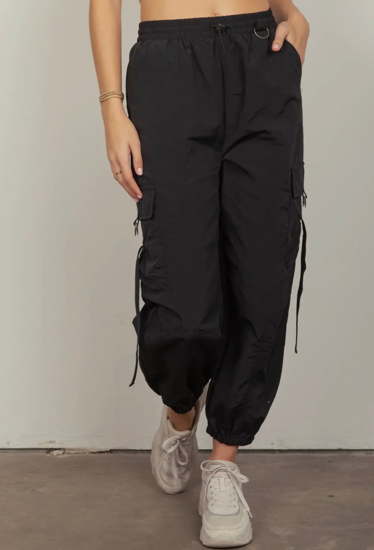 Elastic Waist Cargo Pants - Black