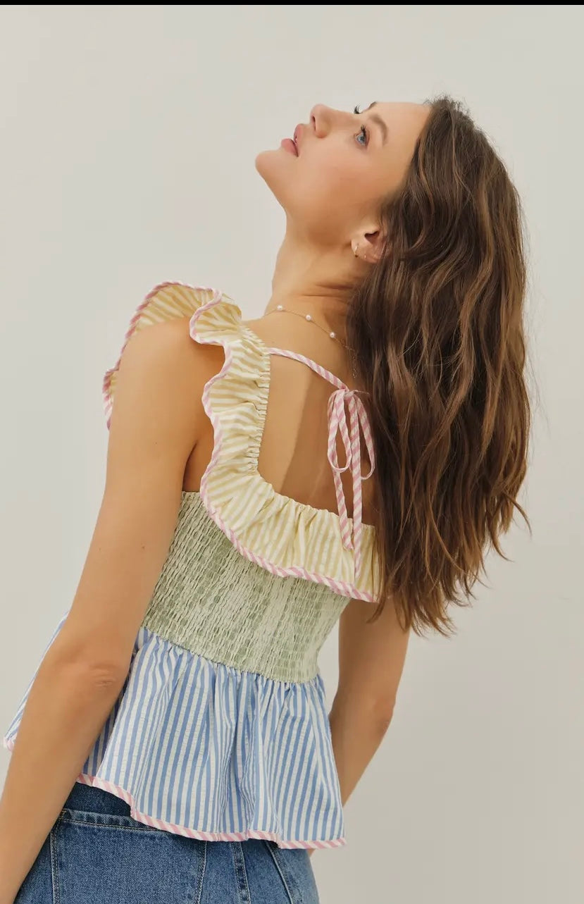 Pastel Multi Stripe Ruffle Square Neck Top
