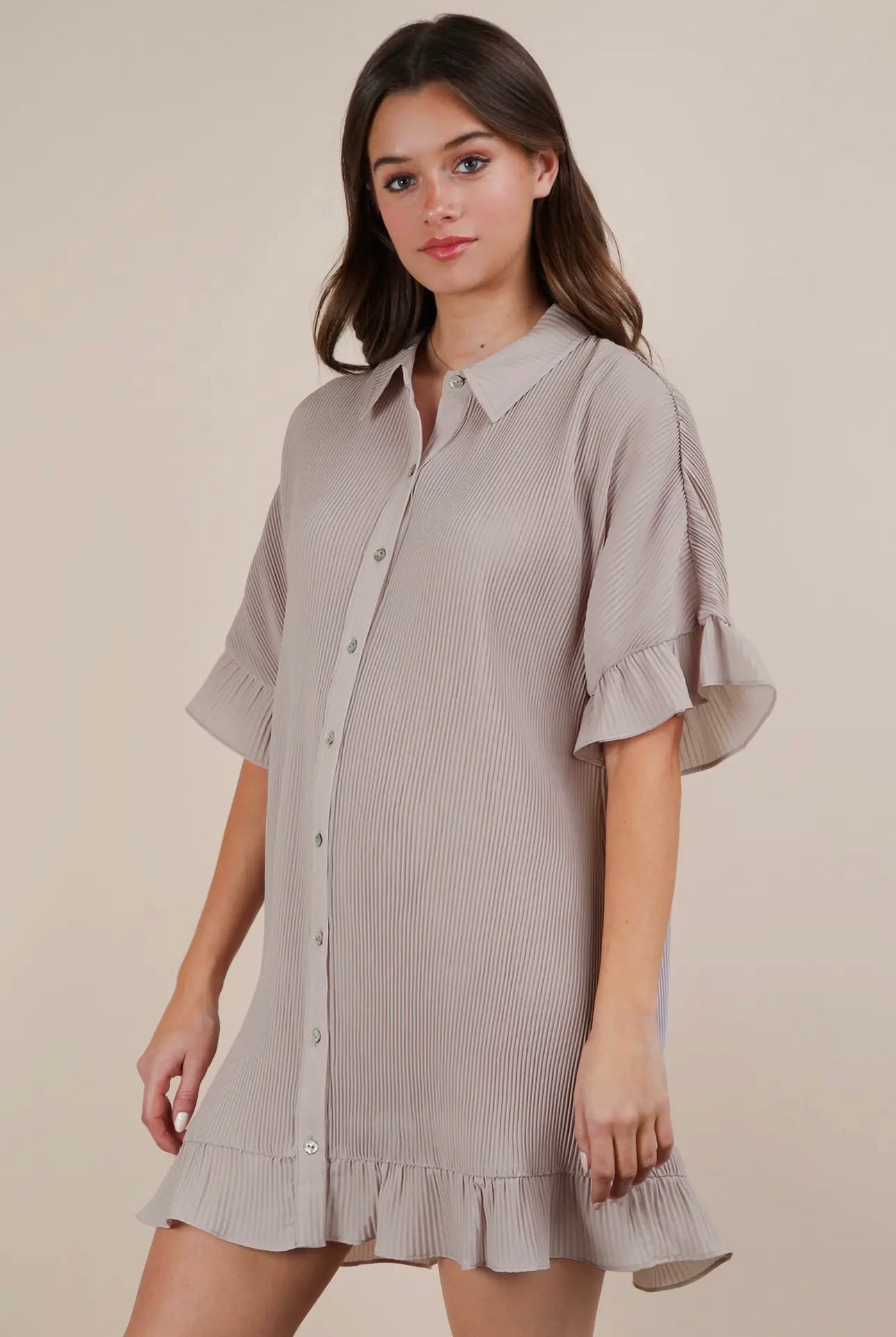 Pleated Button Down Dress - Tan