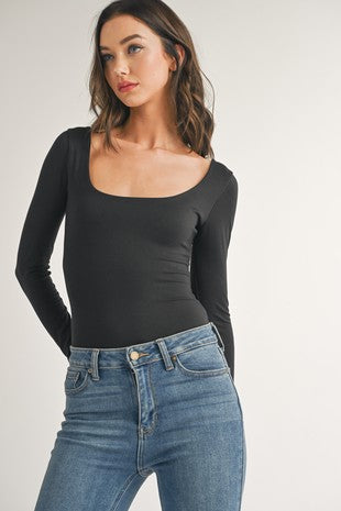 Double Scoop Neck Bodysuit - Black