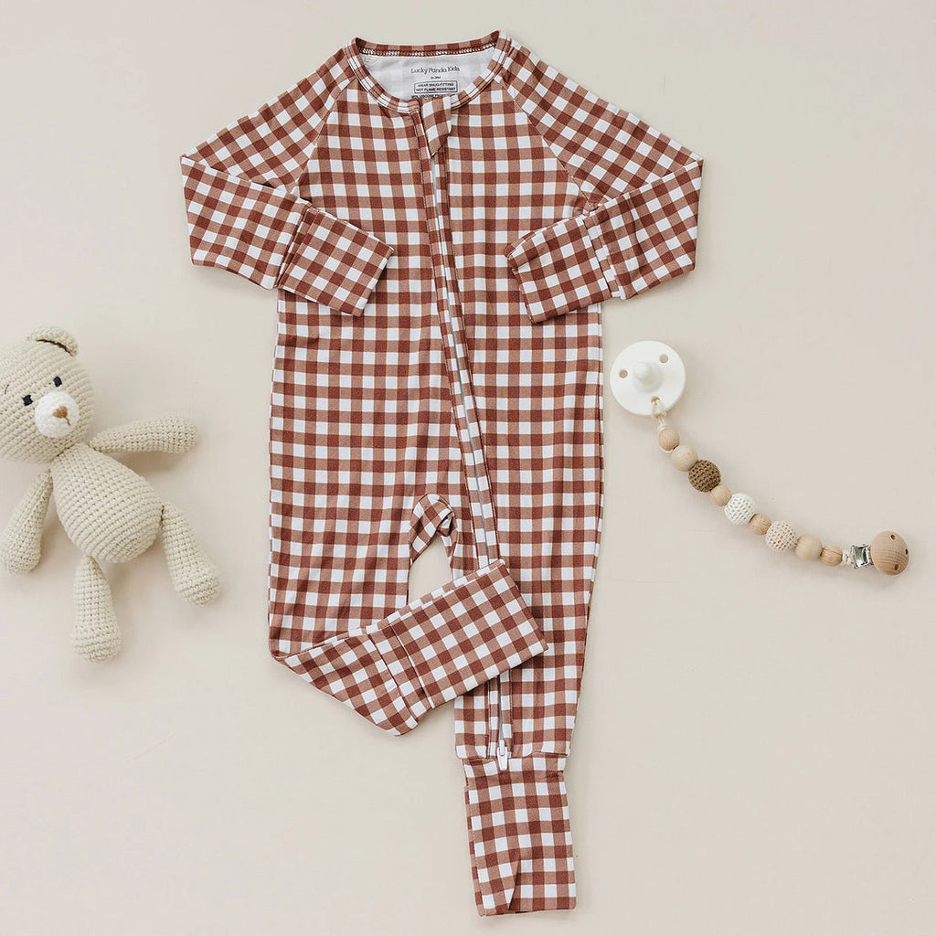 Bamboo Zip Romper - Chocolate Gingham