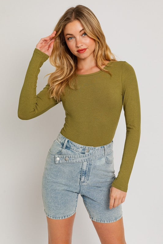 Round Neck Ribbed Bodysuit - Moss Green
