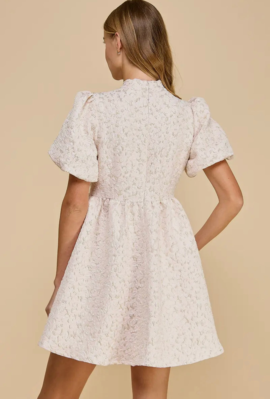 Jacquard Puff Sleeve Bow Dress