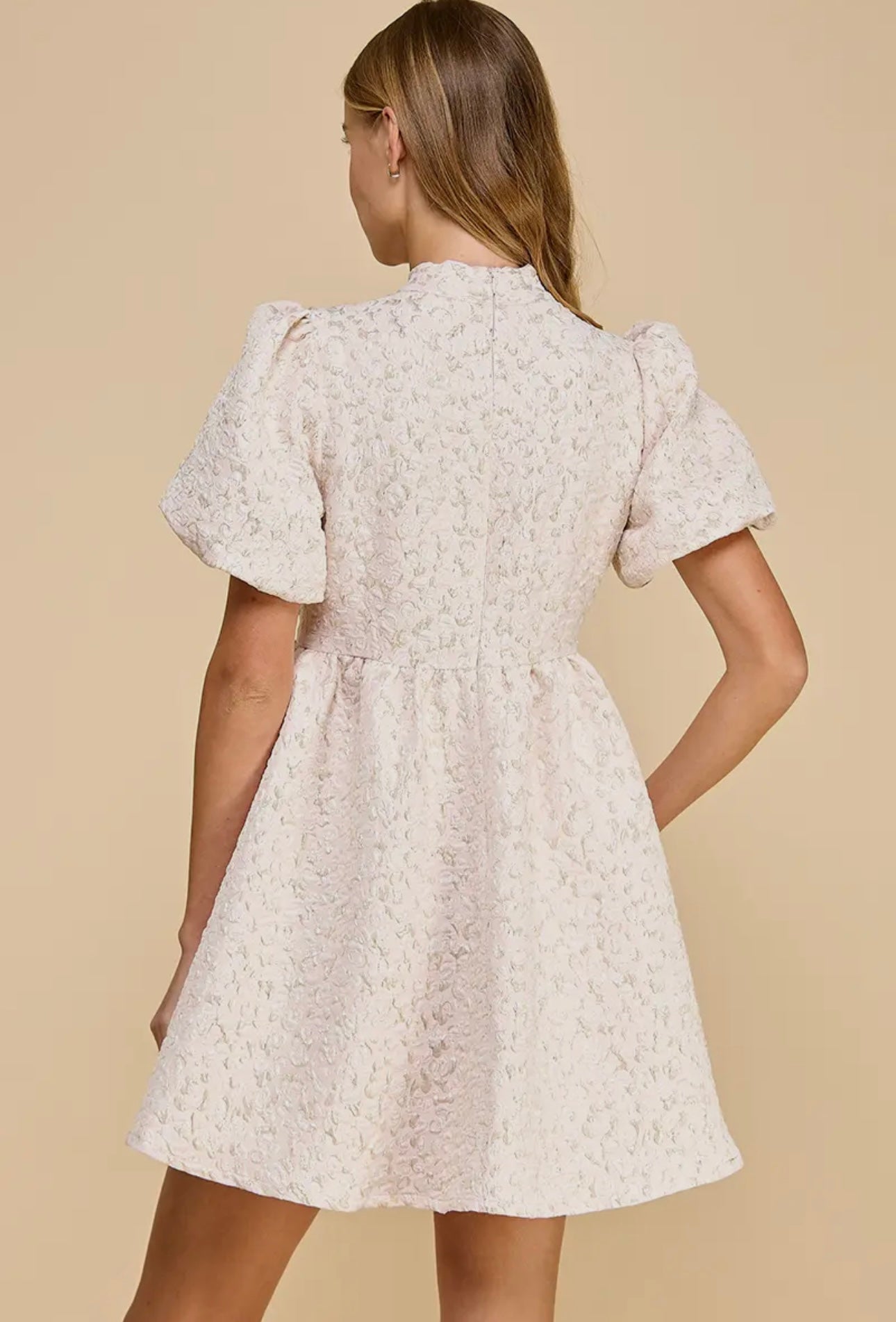 Jacquard Puff Sleeve Bow Dress