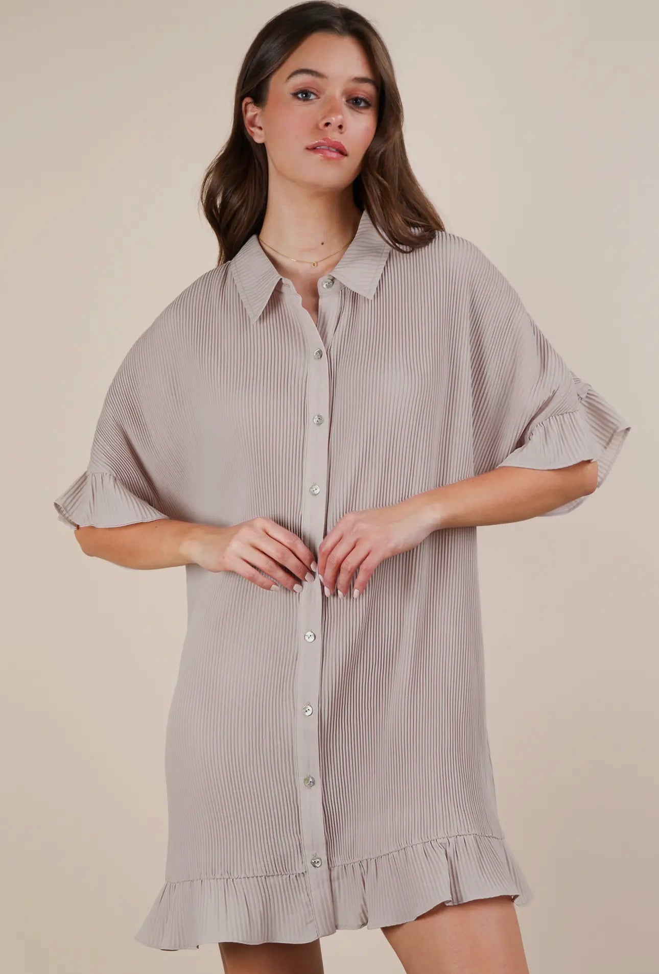 Pleated Button Down Dress - Tan