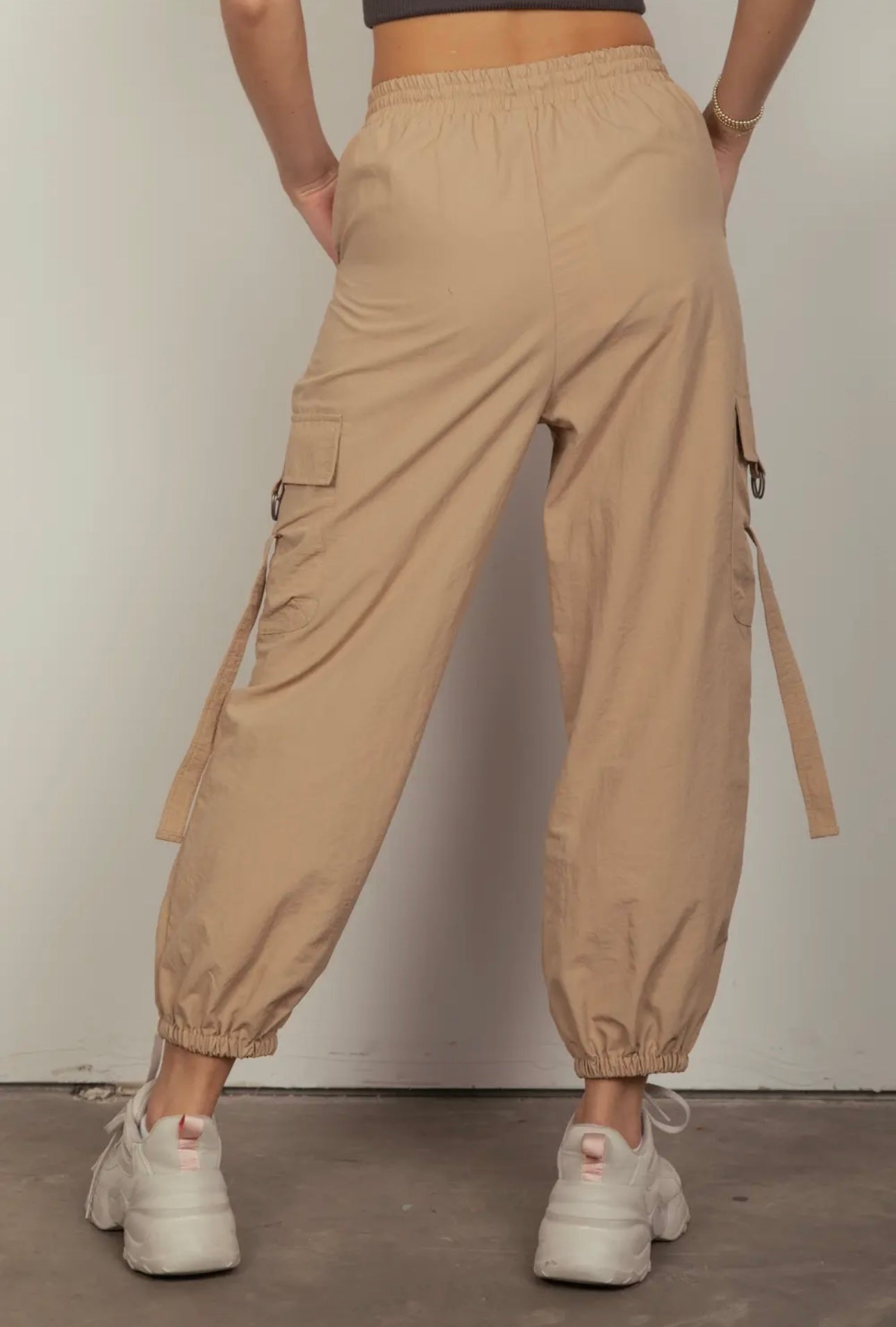 Elastic Waist Cargo Pants - Taupe