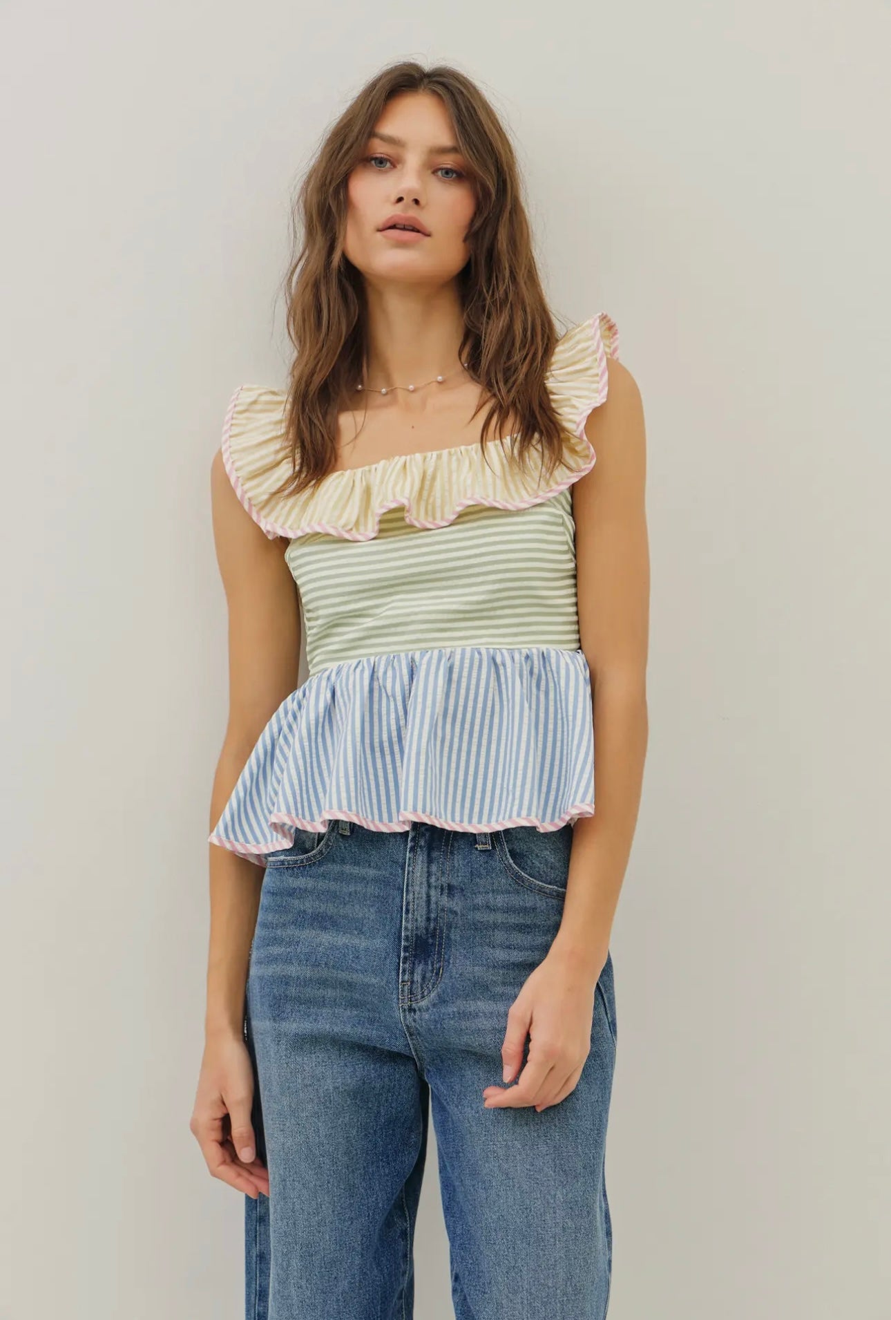Pastel Multi Stripe Ruffle Square Neck Top