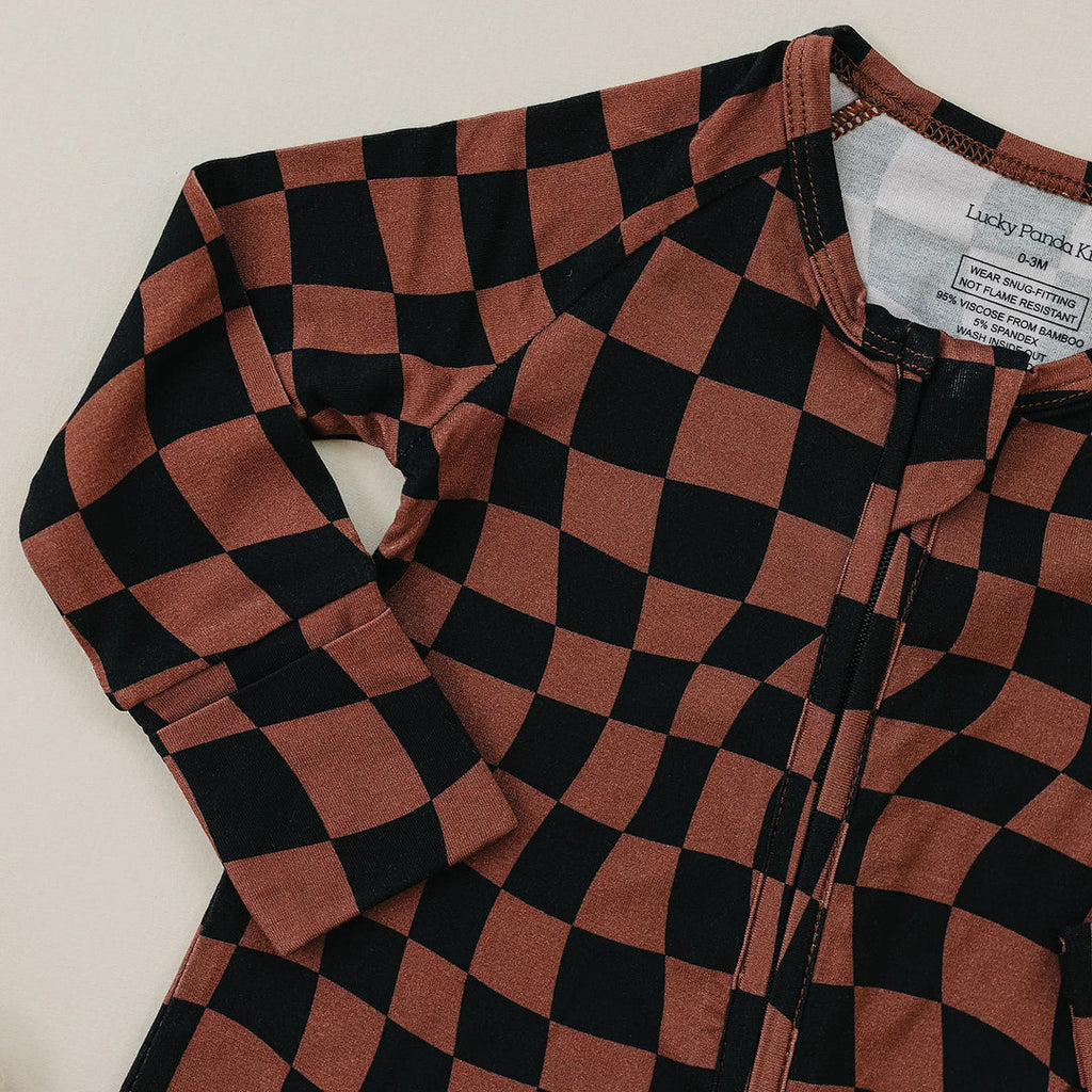 Bamboo Zip Romper - Chocolate Wavy Checkered