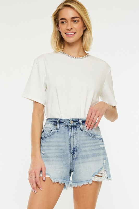 Kan Can Distressed High Rise Mom Shorts