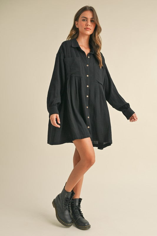 Front Pocket Relaxed Button Down Shirt Dress - Black