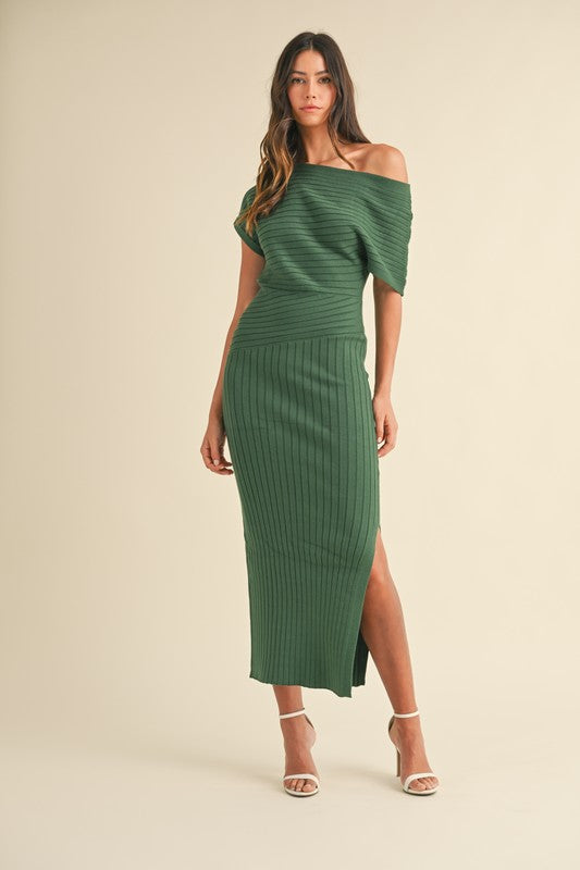 Off the Shoulder Ribbed Dress - Green