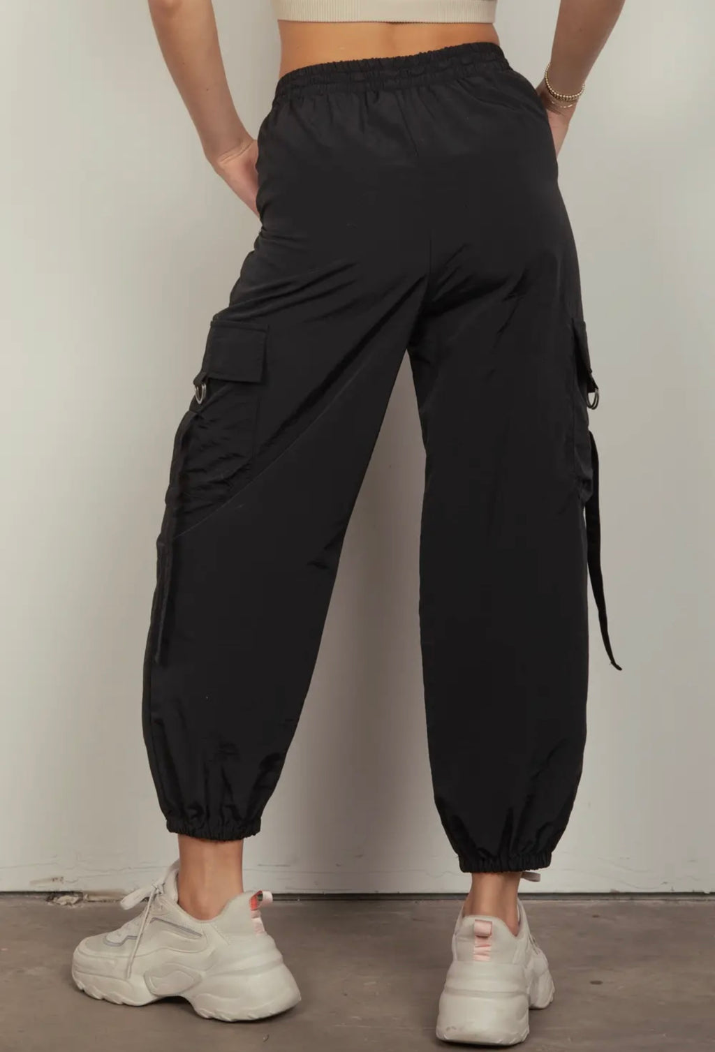 Elastic Waist Cargo Pants - Black
