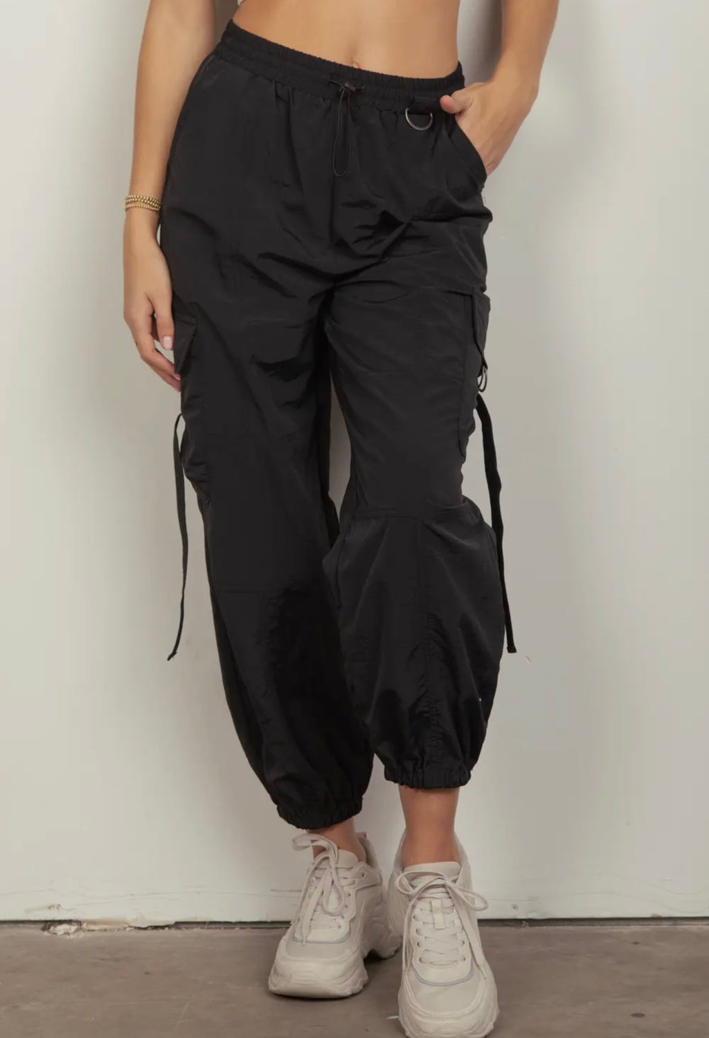 Elastic Waist Cargo Pants - Black