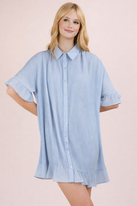 Pleated Button Down Dress - Sky