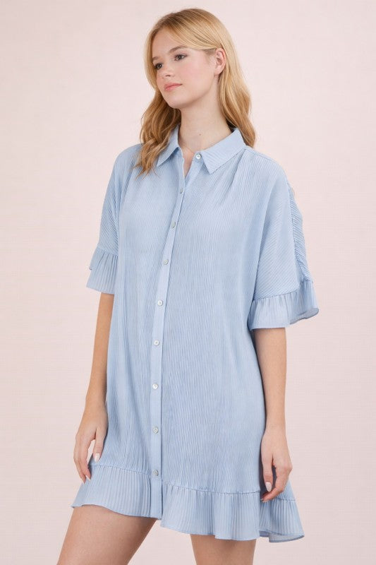 Pleated Button Down Dress - Sky