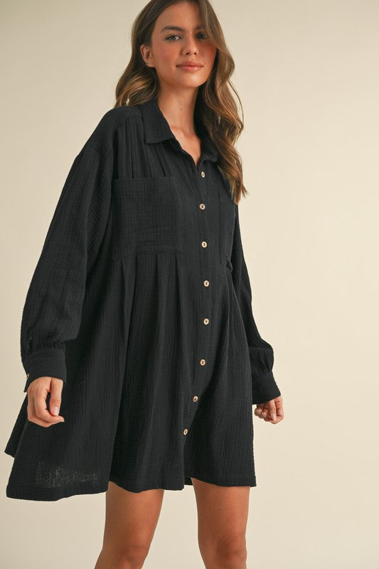 Front Pocket Relaxed Button Down Shirt Dress - Black
