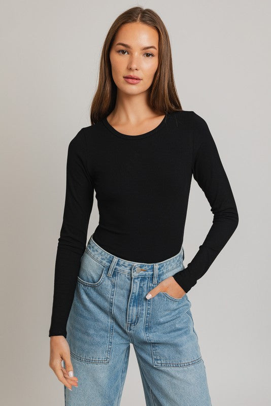 Round Neck Ribbed Bodysuit - Black