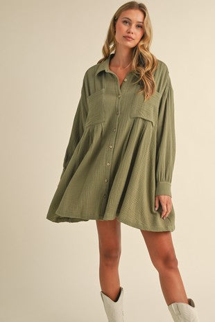 Front Pocket Relaxed Button Down Shirt Dress - Olive