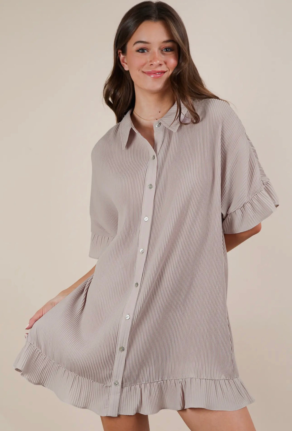 Pleated Button Down Dress - Tan