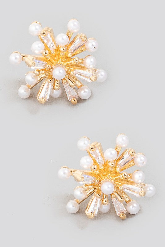 Pearl and CZ Sunburst Earrings