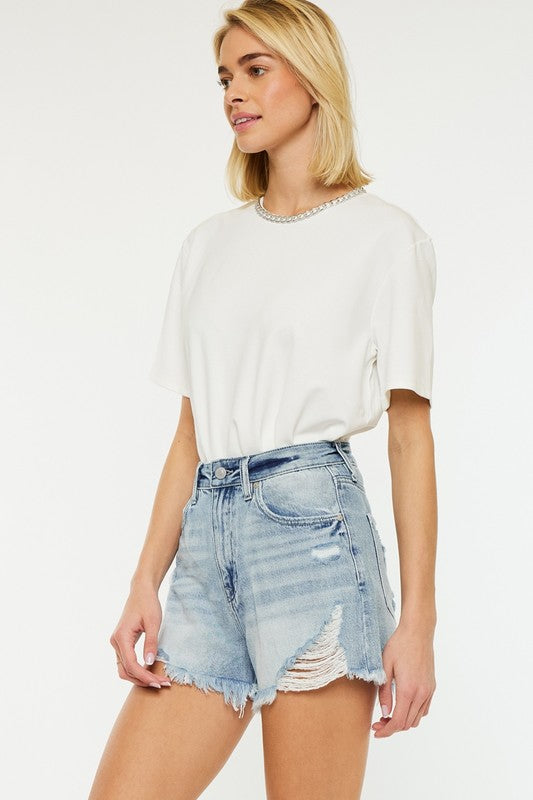 Kan Can Distressed High Rise Mom Shorts