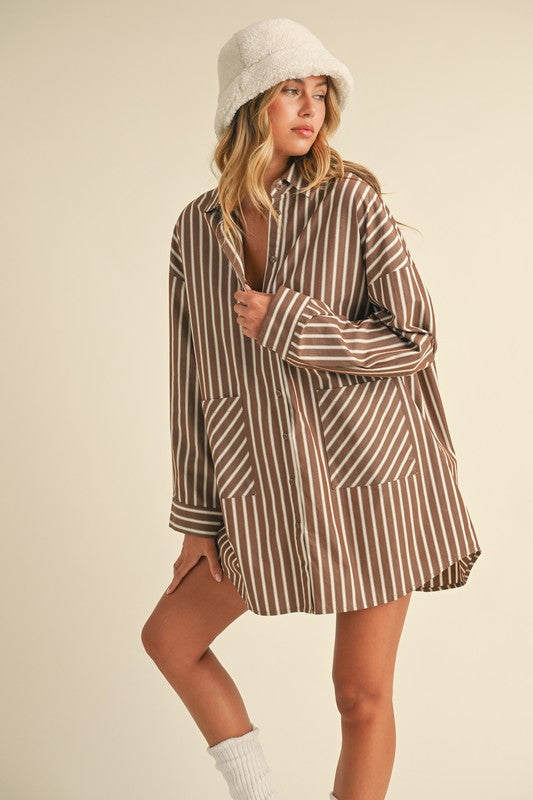 Oversized Brown Striped Button Down Dress
