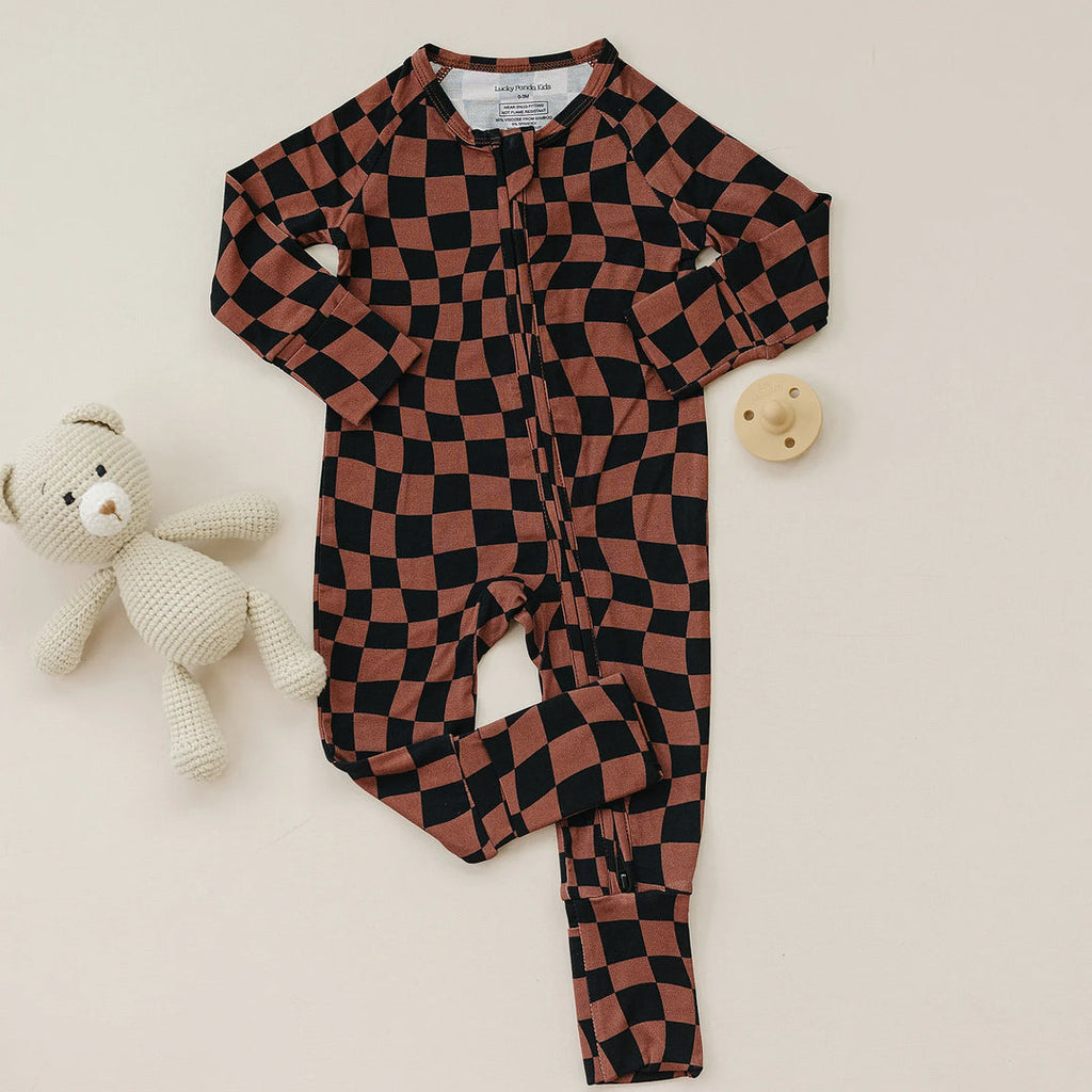 Bamboo Zip Romper - Chocolate Wavy Checkered