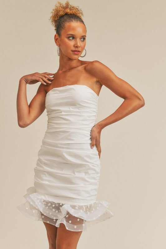 Ruched Strapless Polka Dot Dress