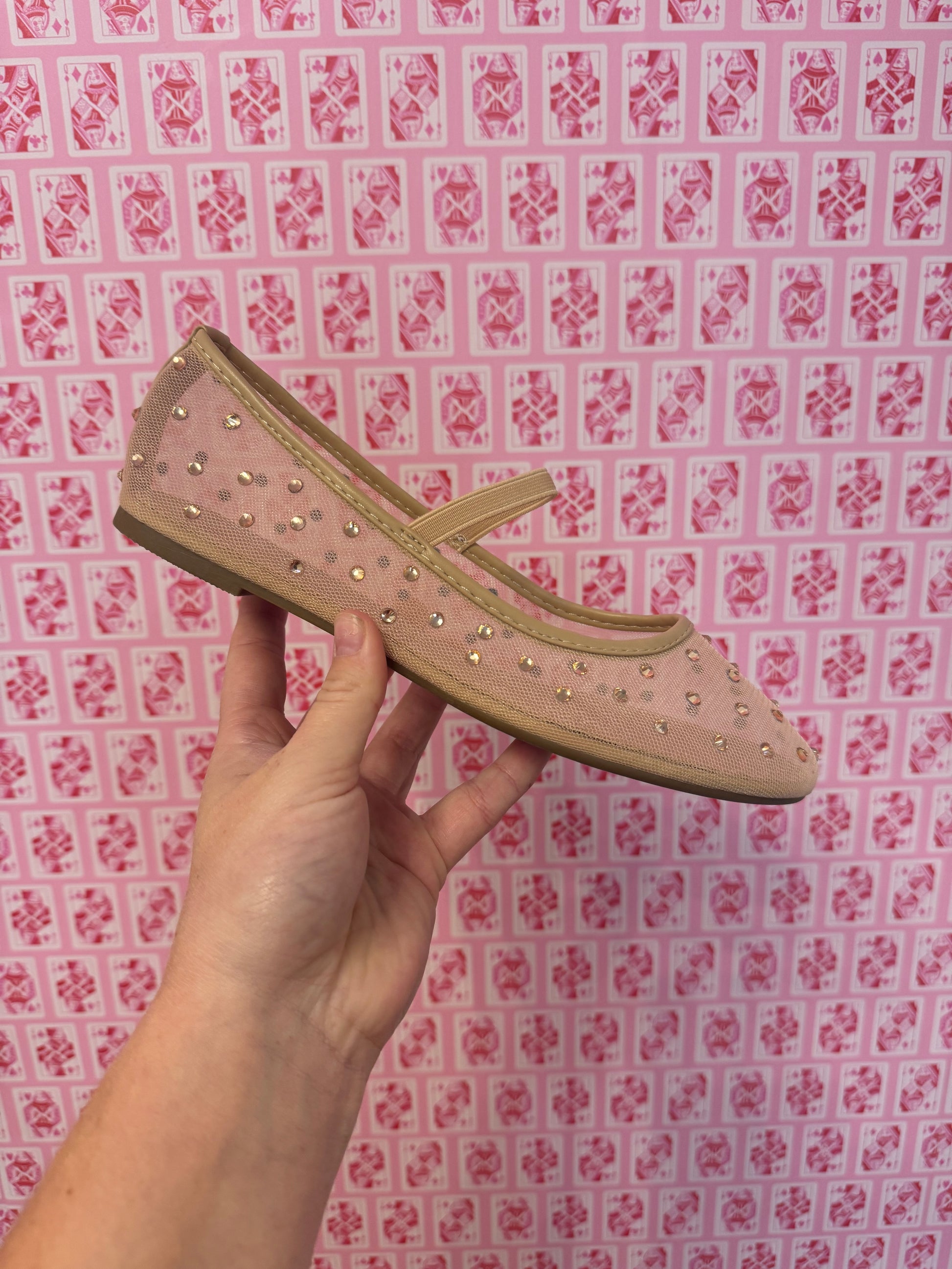 Mesh Rhinestone Flats - Beige