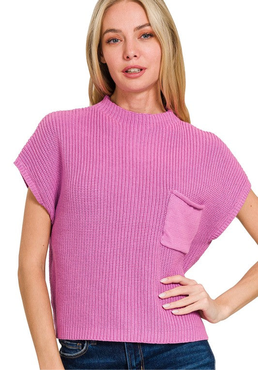 Mock Neck Cropped Sweater Top - Pink