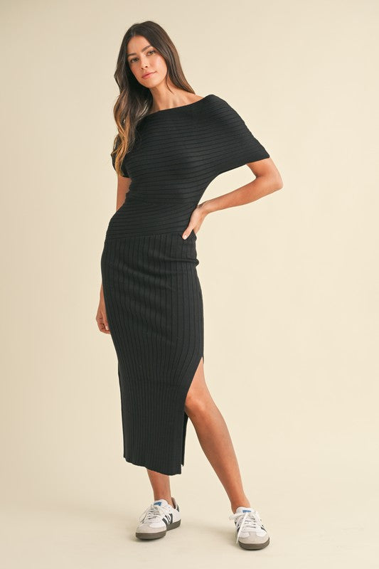 Off the Shoulder Ribbed Dress - Black