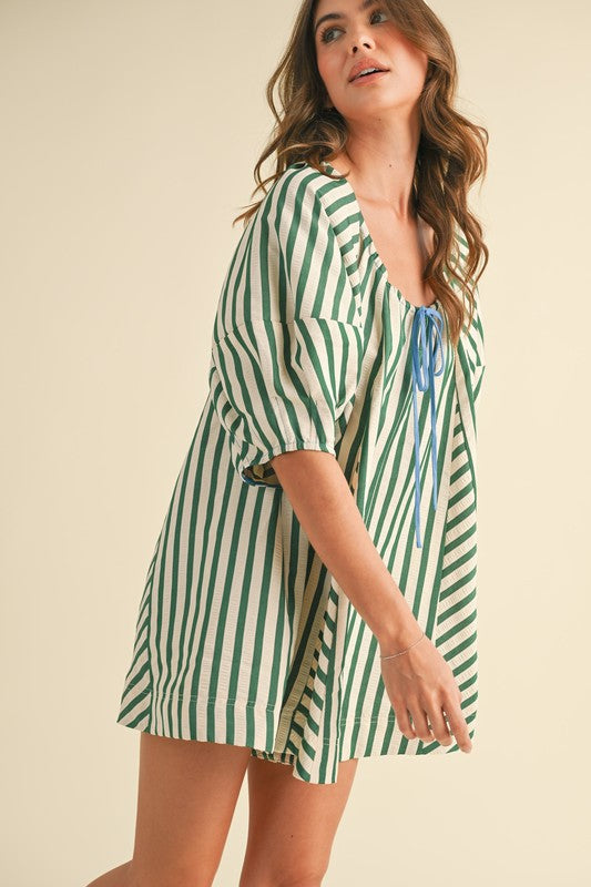 Striped Puff Sleeve Romper