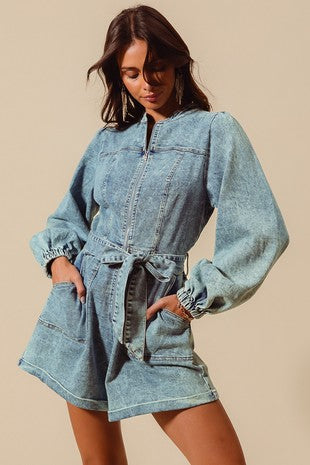 Front Zip Denim Romper