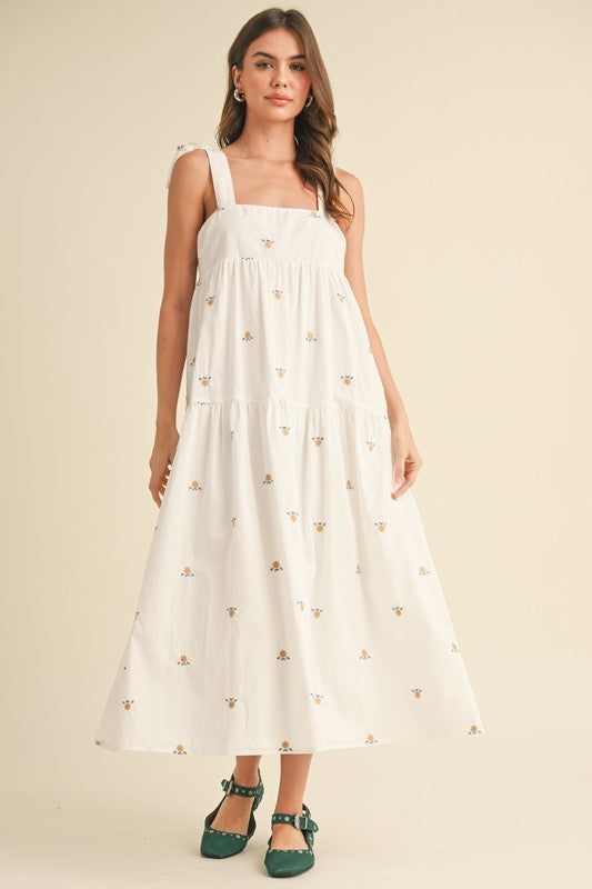 Spring Floral White Midi Dress