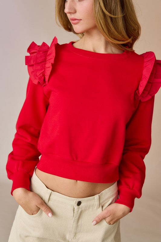 Madeline Cropped Ruffle Sweatshirt - Red