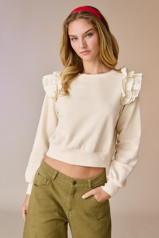 Madeline Cropped Ruffle Sweatshirt - Cream