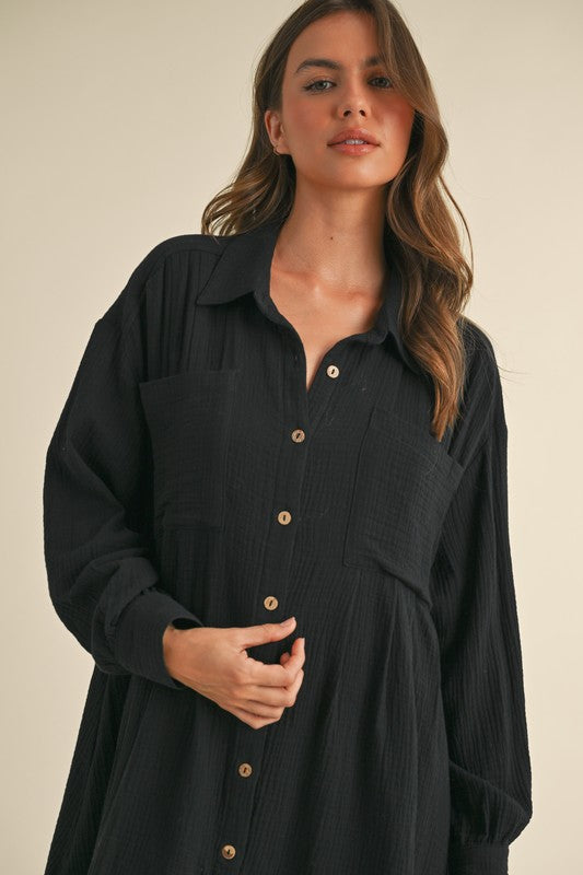 Front Pocket Relaxed Button Down Shirt Dress - Black