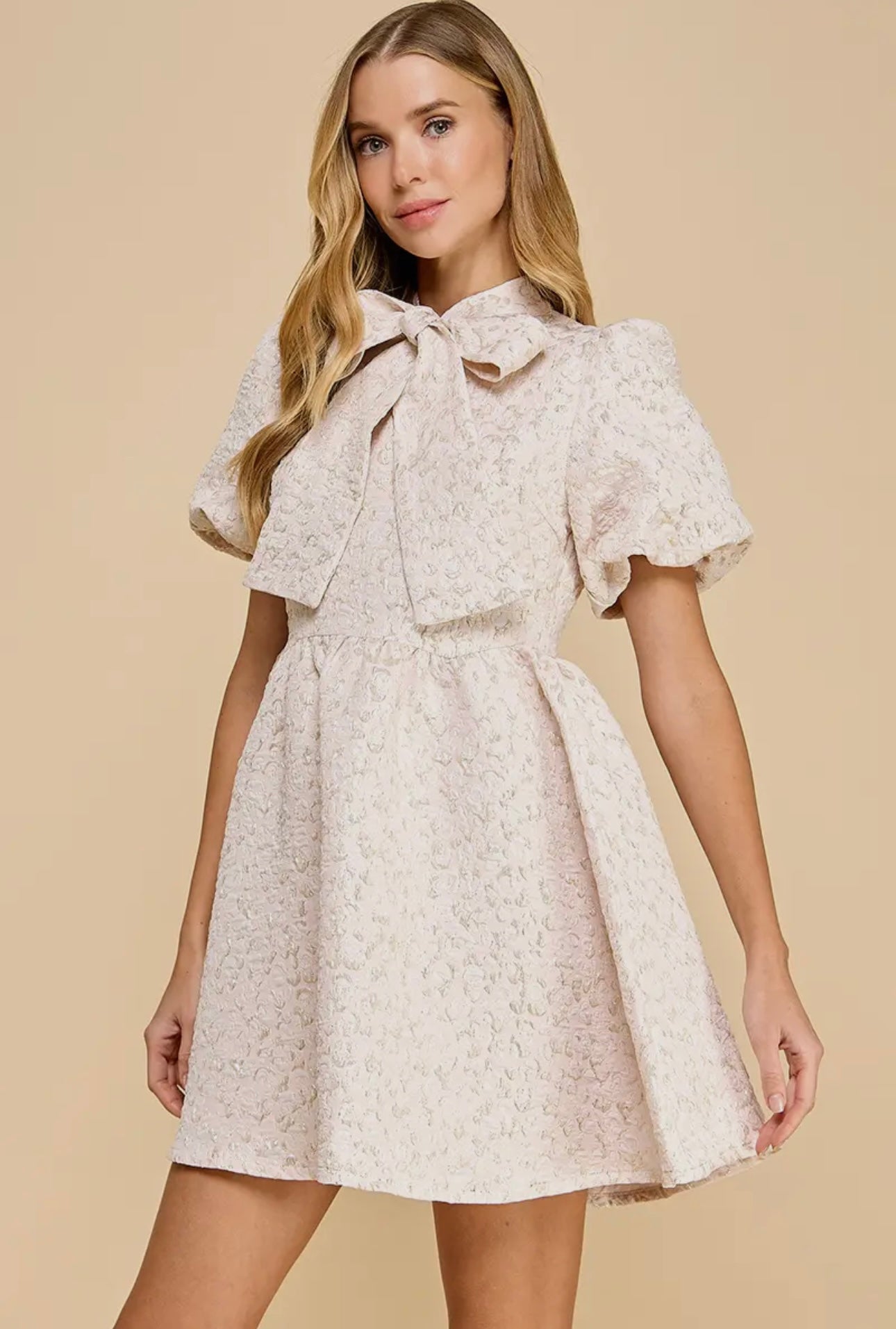 Jacquard Puff Sleeve Bow Dress