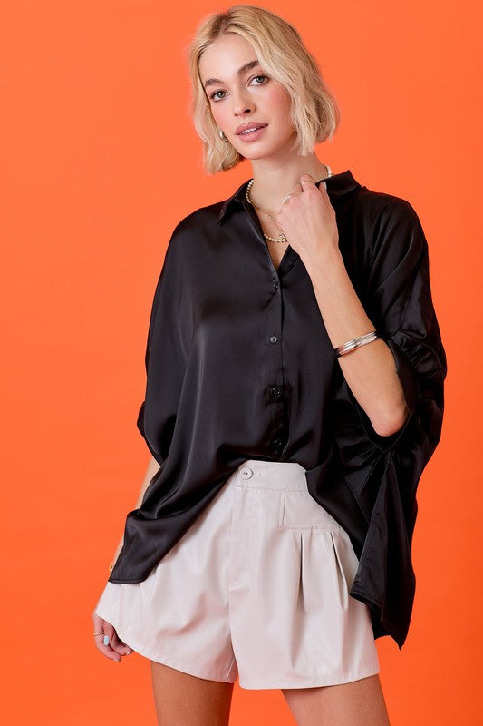 Satin Button Down Top - Black
