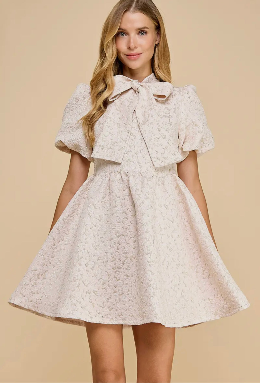 Jacquard Puff Sleeve Bow Dress