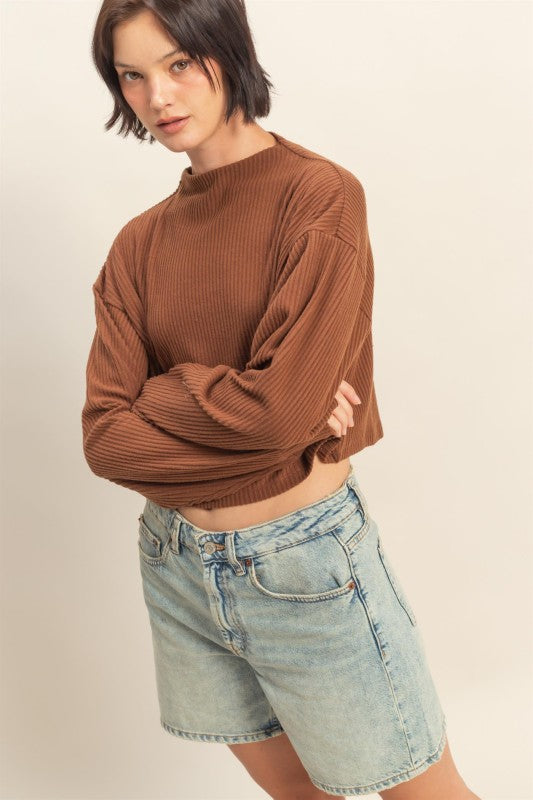 Claire Ribbed Mock Neck - Chestnut