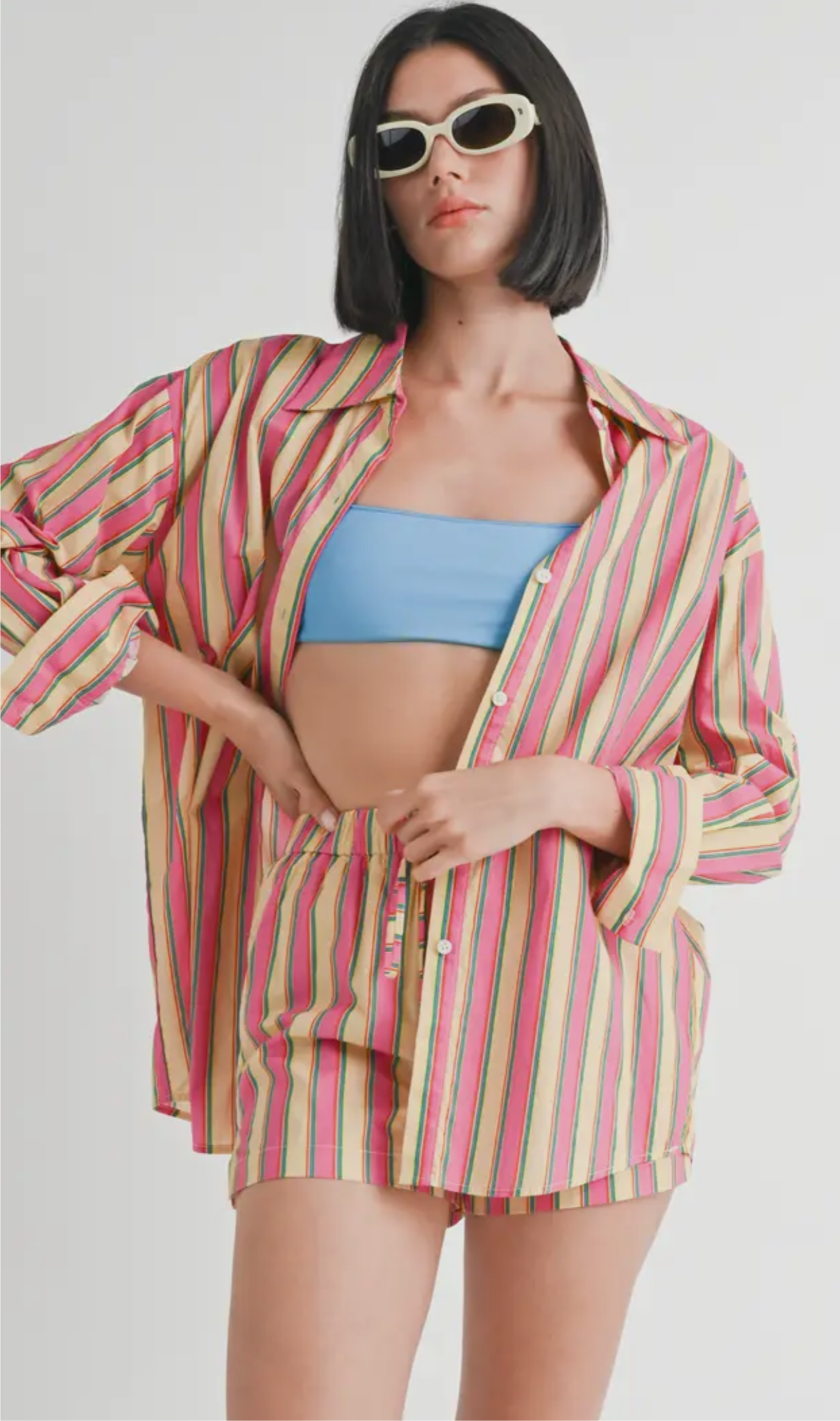 Multi Stripe Oversized Button Up Top