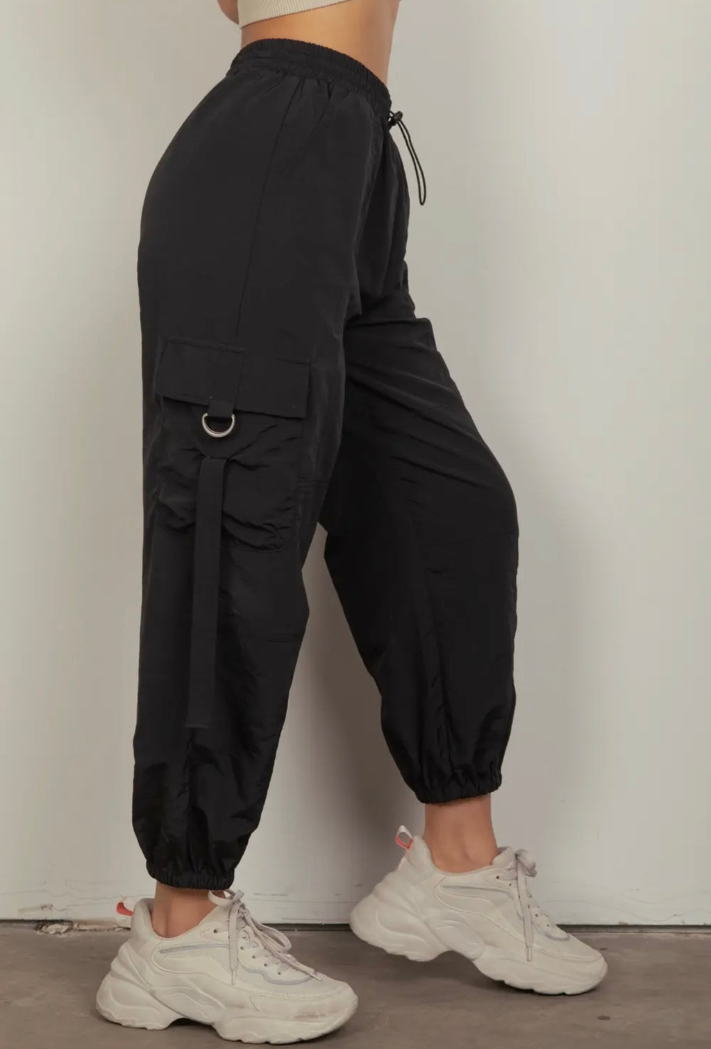 Elastic Waist Cargo Pants - Black