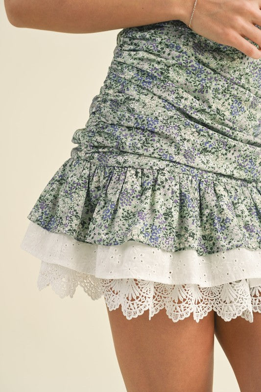 Eyelet Lace Ruched Mini Dress - Sage