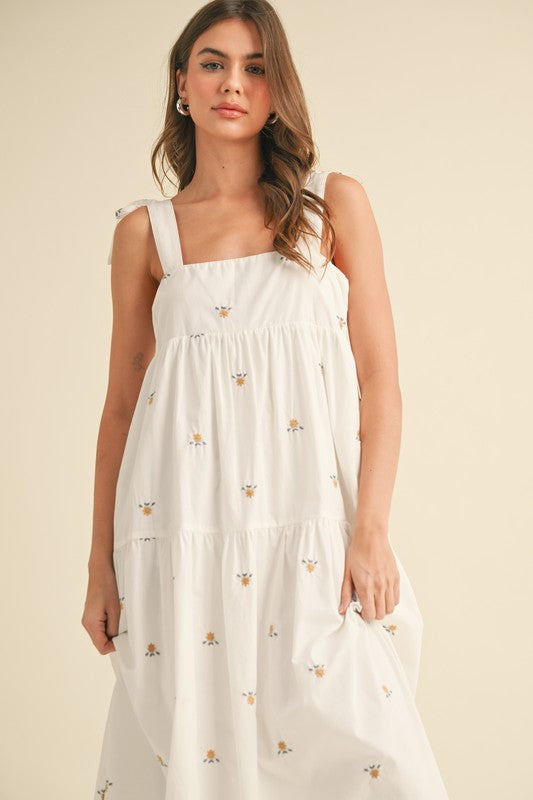 Spring Floral White Midi Dress