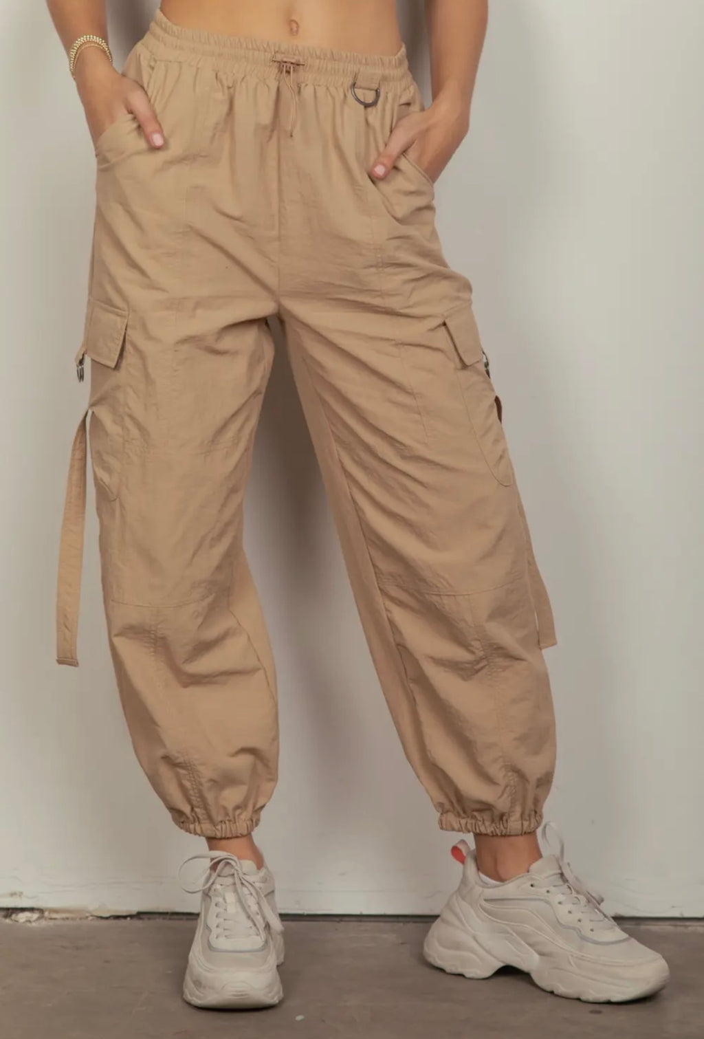 Elastic Waist Cargo Pants - Taupe