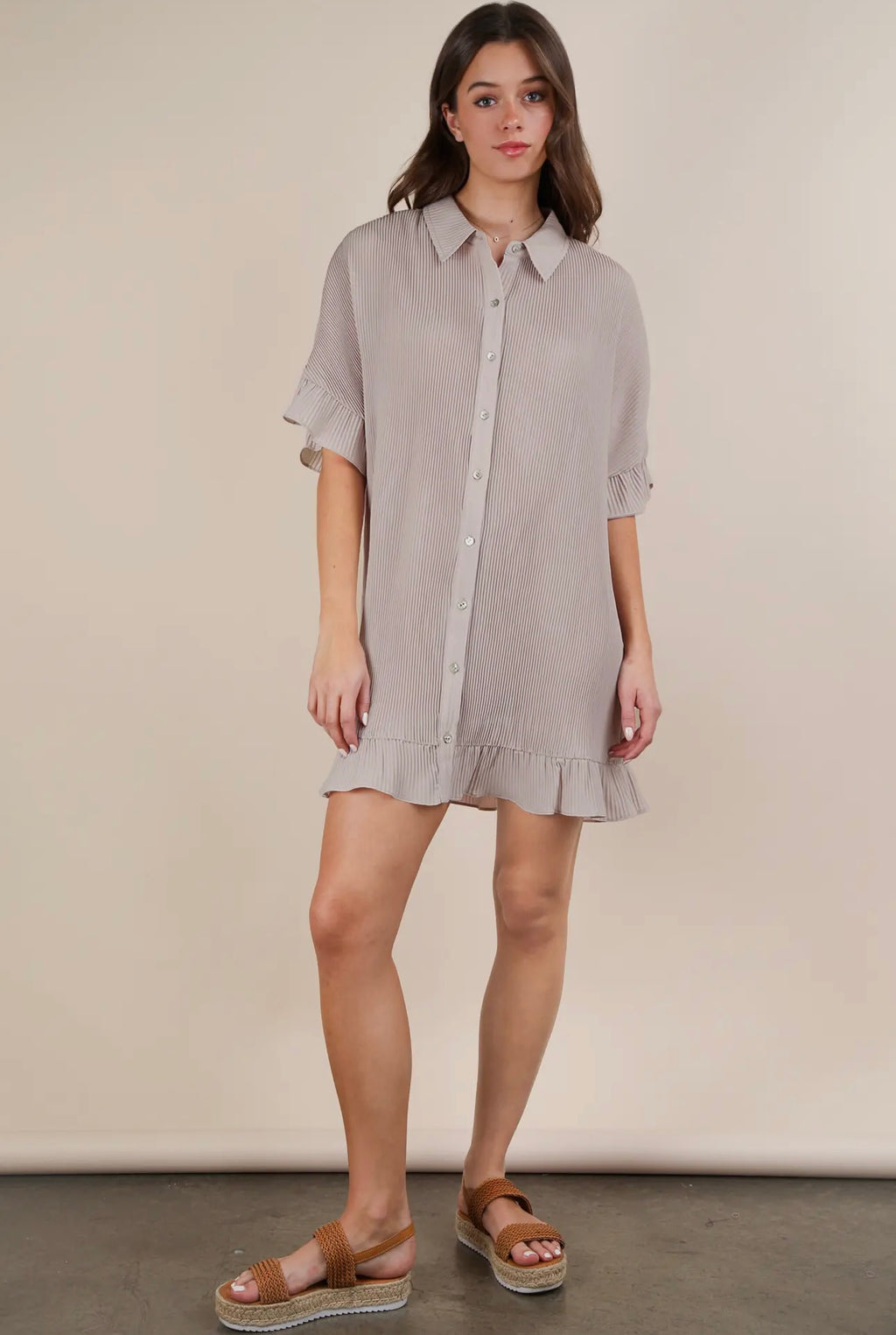 Pleated Button Down Dress - Tan